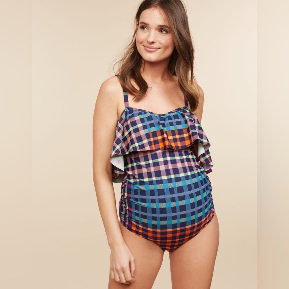 Motherhood Maternity one piece ruffled gingham plaid bathing suit swim large
